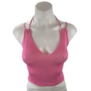 Geel Women's Pink Ribbed Knit Strappy Halter V Neck Cami Tank Crop Top Size M